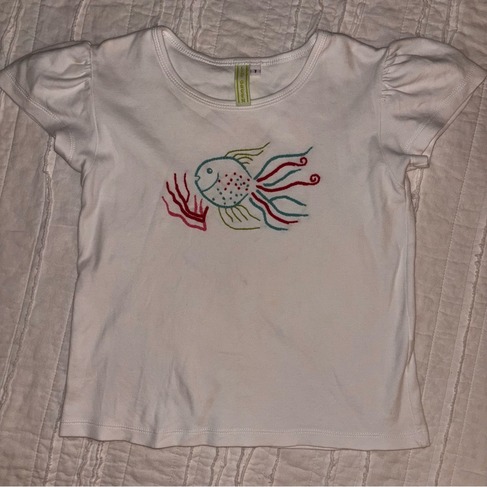 Lime Green angel sleeve knit, top tropical fish embroidery pink and turquoise